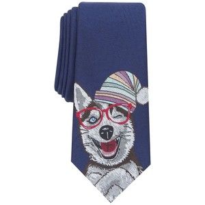 Bar III Men's Holiday Puppy Dog Tie Christmas Blue Slim Skinny Neck Tie